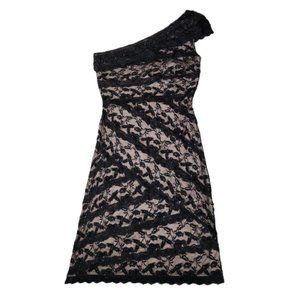 Marina black One Shoulder embellished lace cocktail dress Black Size 8